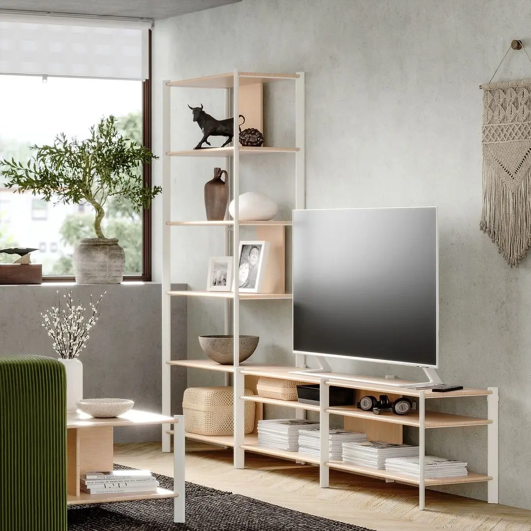 Tumba pentru TV combinata Ikea Jattesta 240x40x194 (Alb/Bambus Deschis)