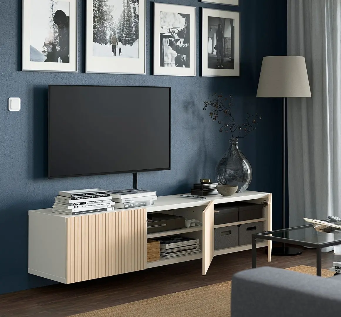 Тумба РТВ Ikea Besta/Bjorkoviken 180x42x38 (Белый/Березовый Шпон) - 6