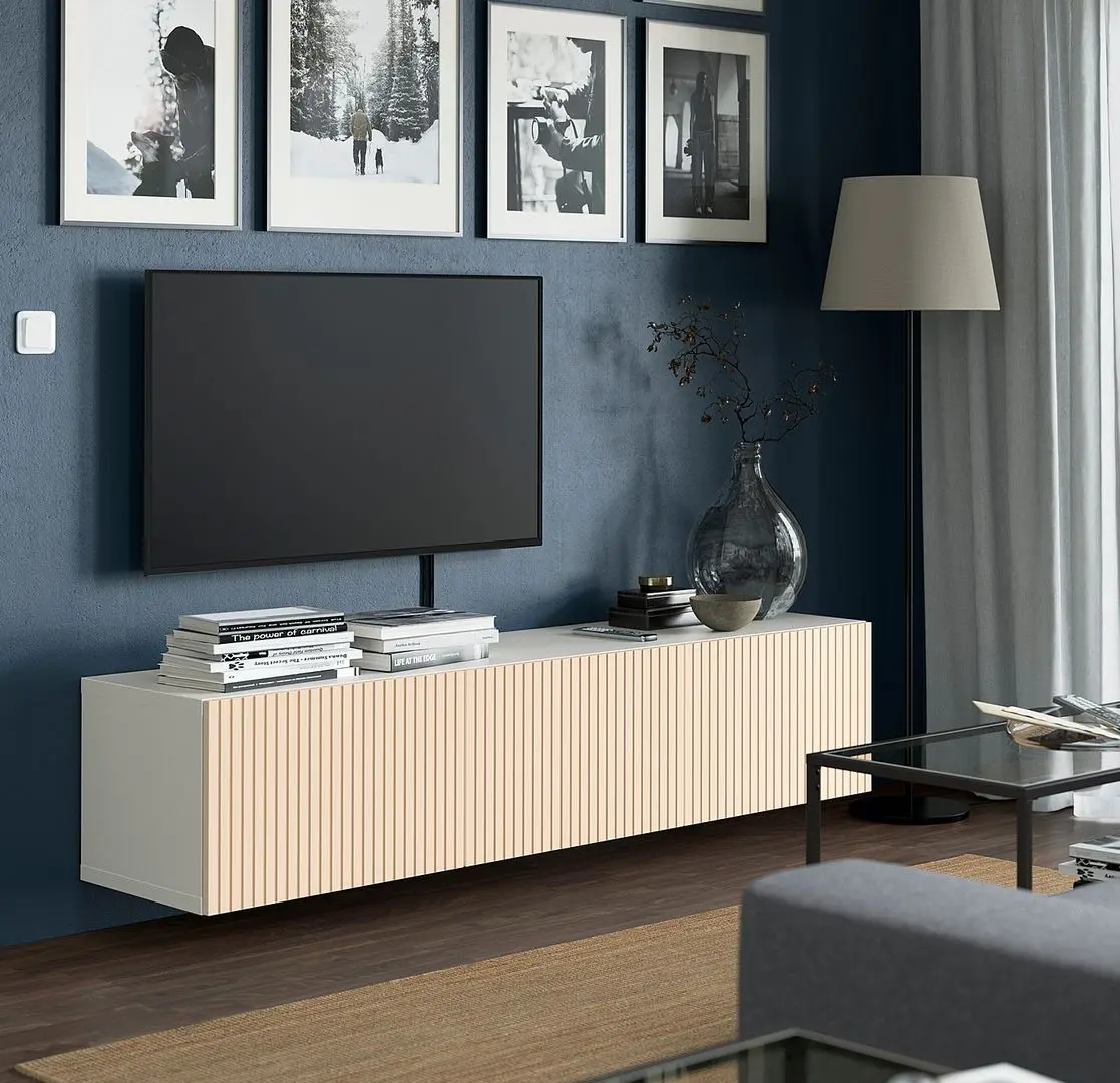 Тумба РТВ Ikea Besta/Bjorkoviken 180x42x38 (Белый/Березовый Шпон)