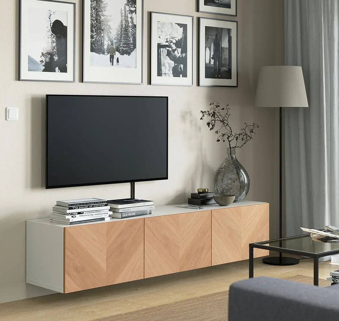 Tumba pentru TV Ikea Besta/Hedeviken 180x42x38 (Alb/Furnir Stejar)