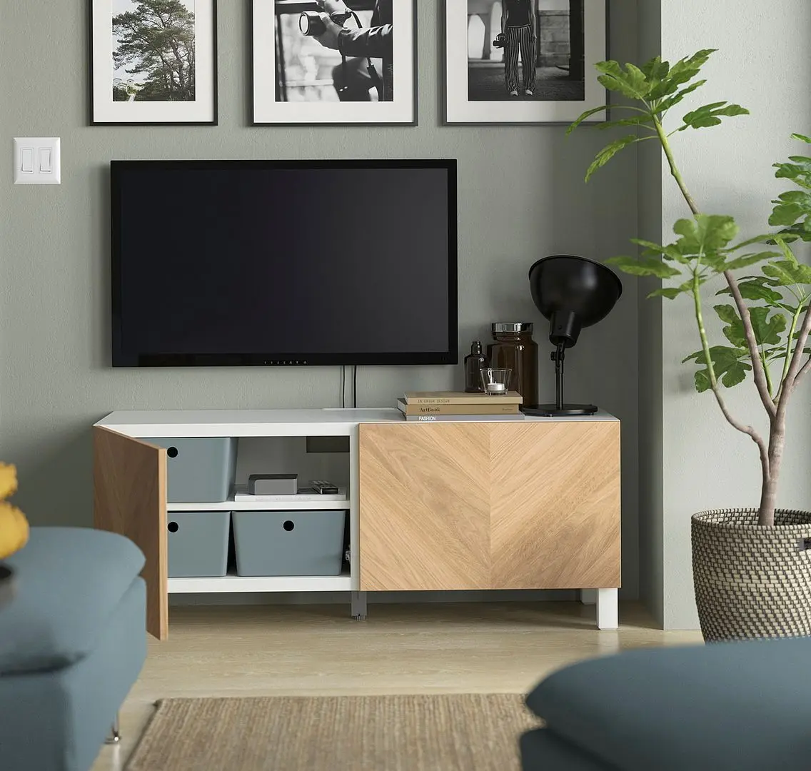 Тумба РТВ Ikea Besta/Hedeviken/Stubbarp 120x42x48 (Белый/Дубовый шпон) - 5