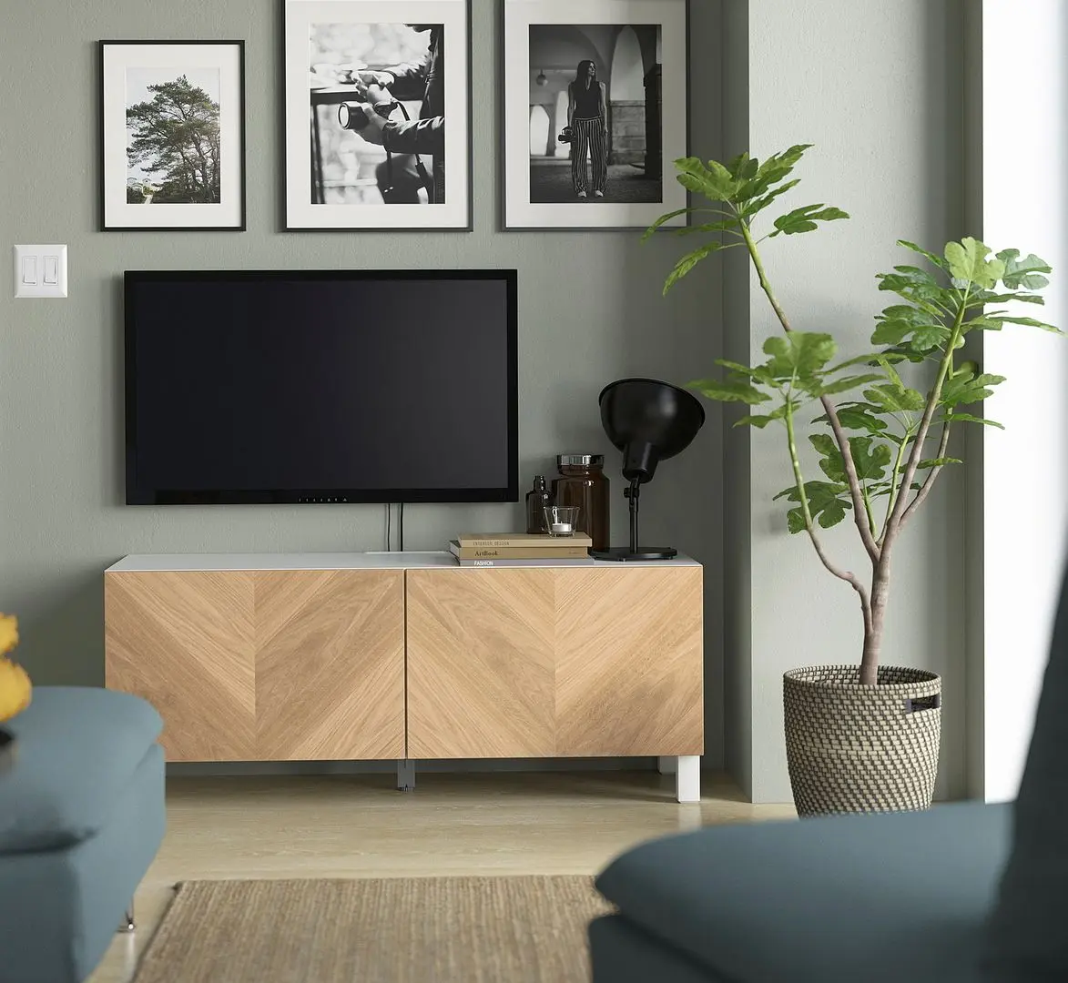 Тумба РТВ Ikea Besta/Hedeviken/Stubbarp 120x42x48 (Белый/Дубовый шпон)