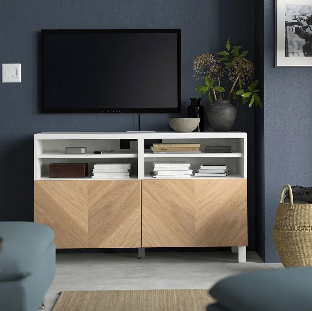 Tumba pentru TV Ikea Besta/Hedeviken/Stubbarp 120x42x74 (Alb/Furnir stejar)