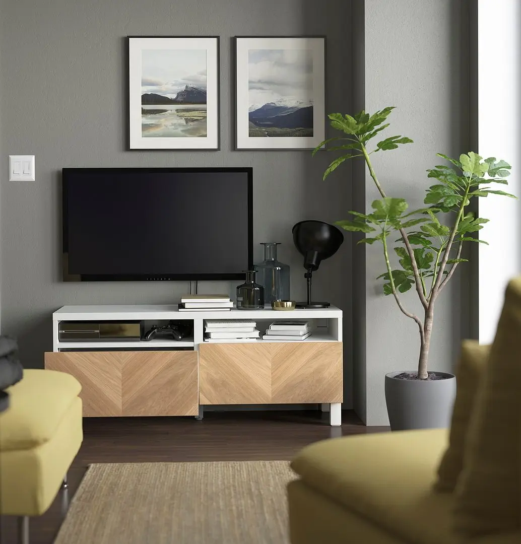 Tumba pentru TV Ikea Besta/Hedeviken/Stubbarp sina sertar cu inchidere lina 120x42x48 (Alb/Furnir Stejar)