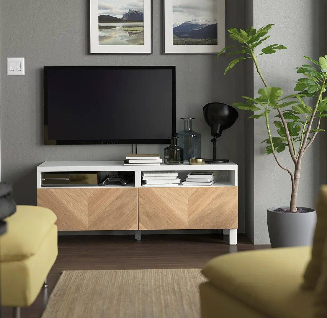 Tumba pentru TV Ikea Besta/Hedeviken/Stubbarp sina sertar cu inchidere lina 120x42x48 (Alb/Furnir Stejar)