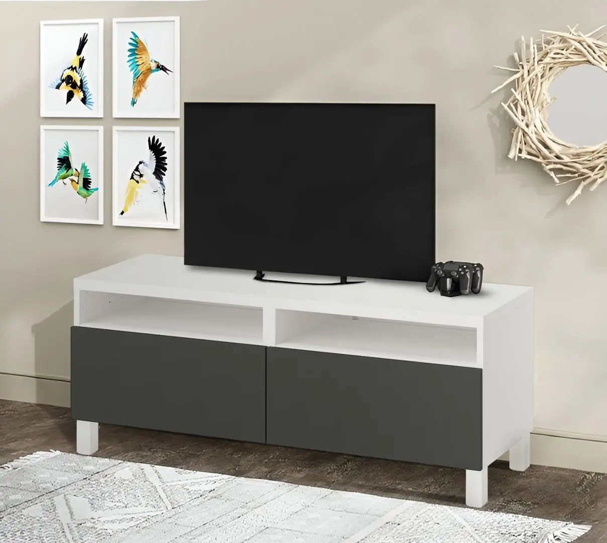 Тумба РТВ Ikea Besta/Lappviken/Stubbarp плавно-закрывающиеся петли 120x42x48 (Белый/Темно-серый)