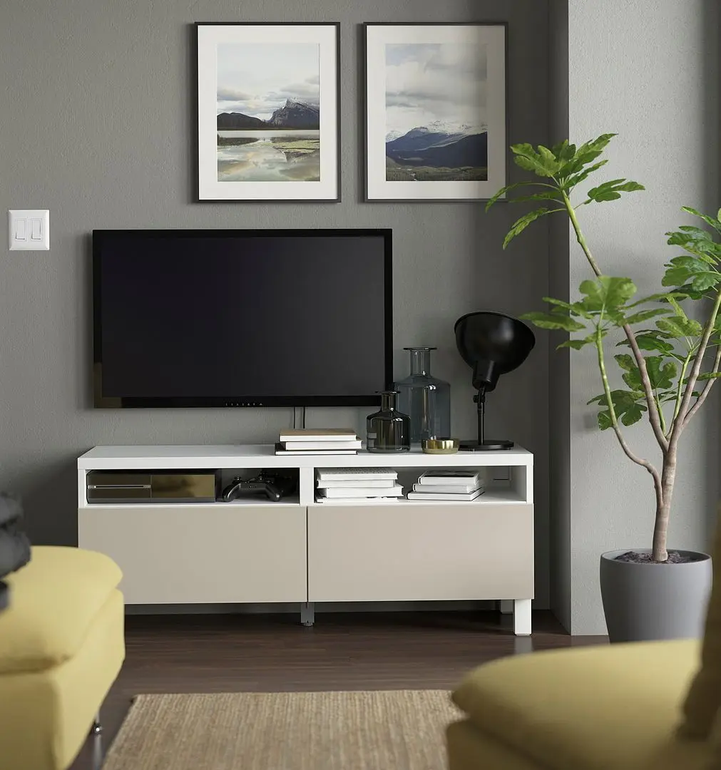 Tumba pentru TV Ikea Besta/Lappviken/Stubbarp sina sertar cu inchidere lina 120x42x48 (Alb/Gri-bej deschis)