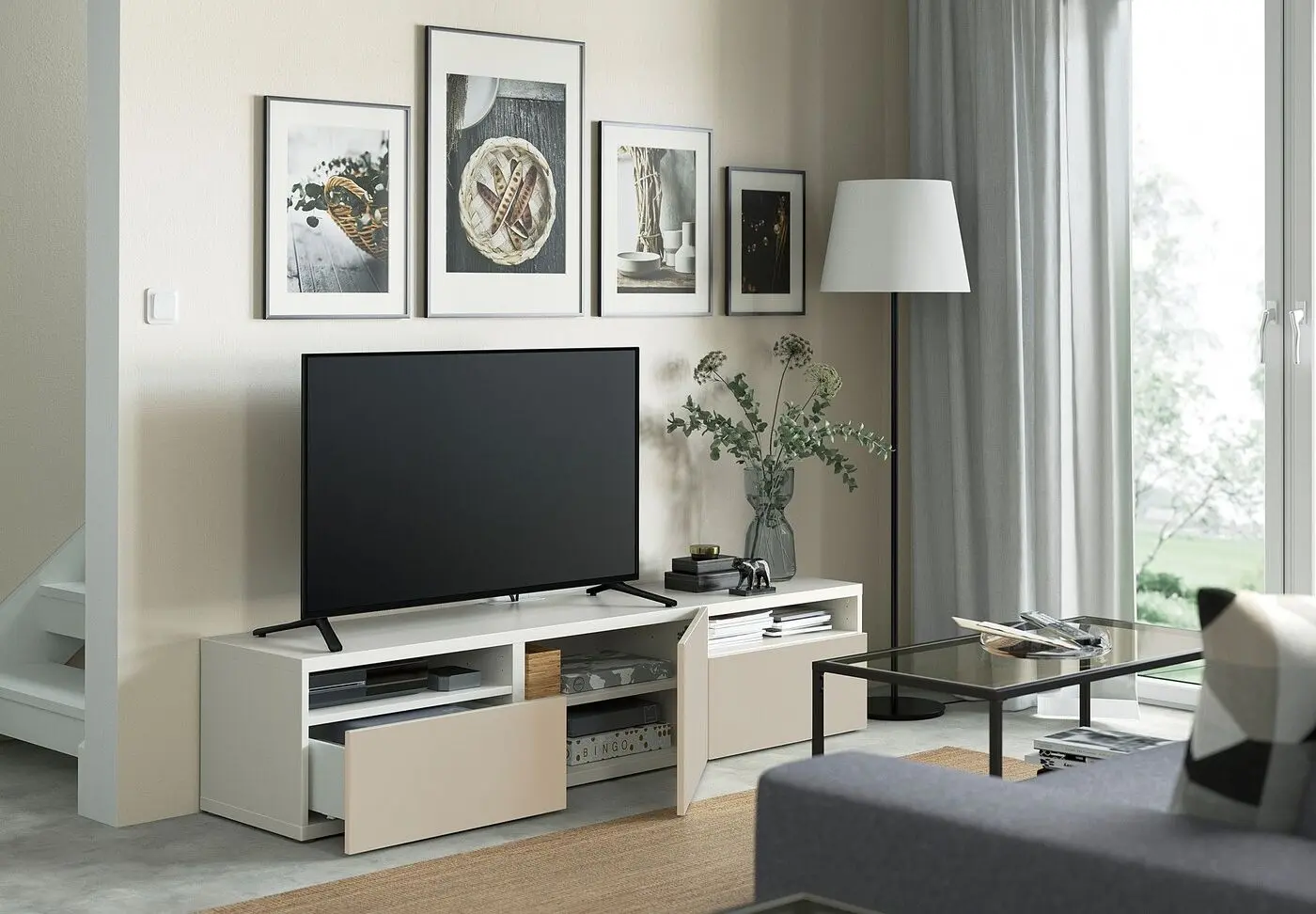 Тумба РТВ Ikea Besta/Lappviken ящик c нажимными направляющими 180x42x39 (Белый/Светлый Серый-Бежевый) - 7