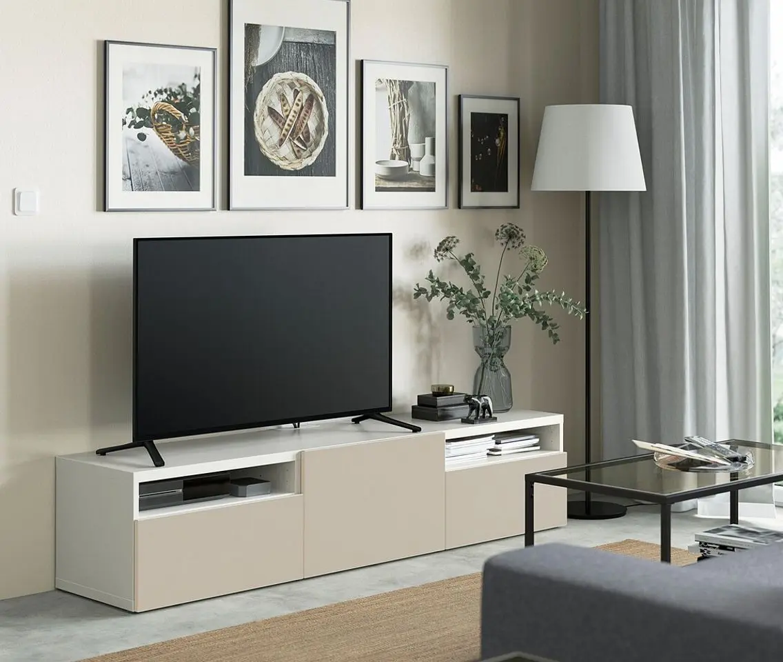 Тумба РТВ Ikea Besta/Lappviken ящик c нажимными направляющими 180x42x39 (Белый/Светлый Серый-Бежевый)