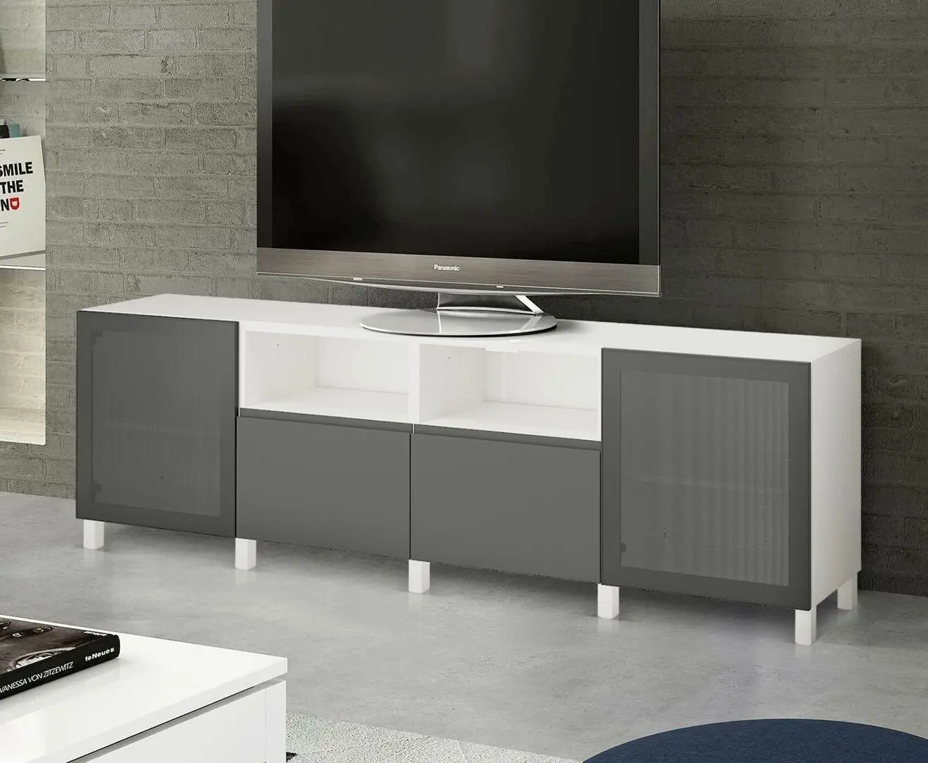 Тумба РТВ Ikea Besta/Mortviken/Vasterviken/Stubbarp плавно-закрывающимися направляющими 240x42x74 (Белый/Темно-серый)