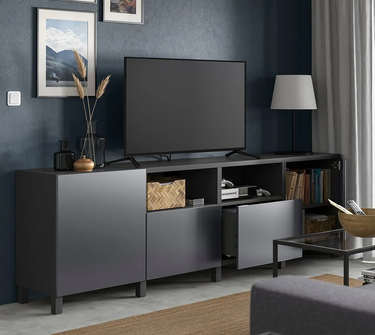 Тумба РТВ Ikea Besta/Riksviken/Stubbarp ящик c нажимными направляющими 240x42x74 (Темно-серый/Имитация темного матового олова) - 4