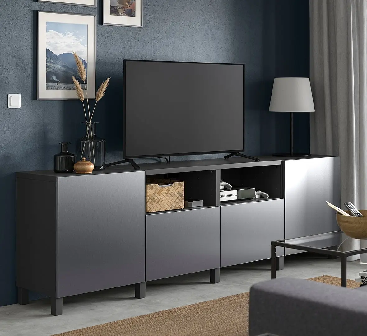 Тумба РТВ Ikea Besta/Riksviken/Stubbarp ящик c нажимными направляющими 240x42x74 (Темно-серый/Имитация темного матового олова)