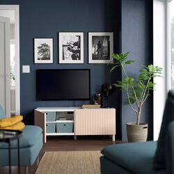 Тумба РТВ Ikea Besta с дверцами 120x42x48 (Белый Бжерковикен/Межарп/Березовый Шпон) Thumb