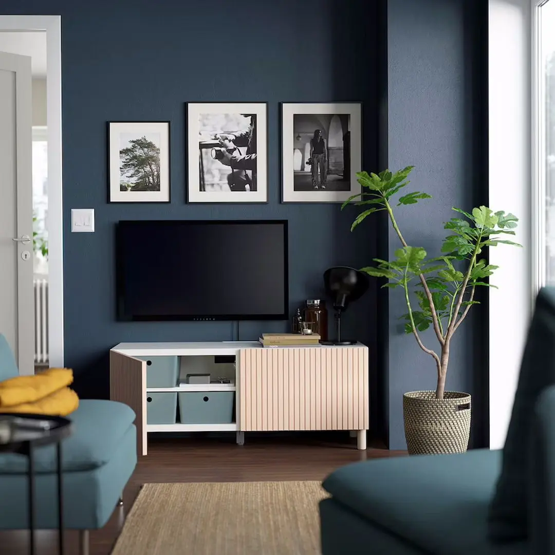 Тумба РТВ Ikea Besta с дверцами 120x42x48 (Белый Бжерковикен/Межарп/Березовый Шпон) - 4