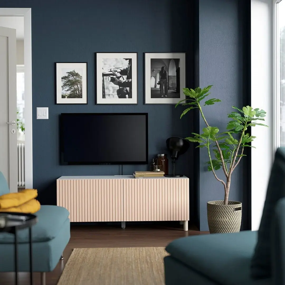 Тумба РТВ Ikea Besta с дверцами 120x42x48 (Белый Бжерковикен/Межарп/Березовый Шпон) - 5