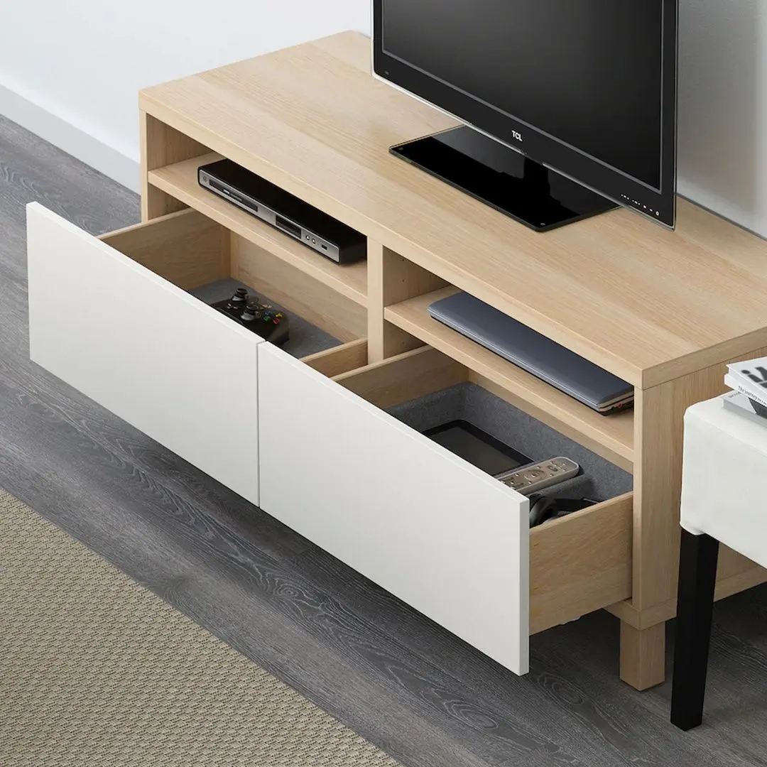 Tumba pentru TV Ikea Besta cu sertare 120x42x48 (Aspect Stejar Antichizat/Lappviken Alb)