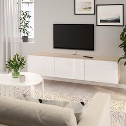 Тумба РТВ Ikea Besta/Selsviken 180x42x38 (Имитация Состаренного Дуба/Блестящий Белый) Thumb