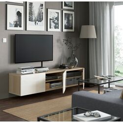 Тумба РТВ Ikea Besta/Selsviken 180x42x38 (Имитация Состаренного Дуба/Блестящий Белый) Thumb