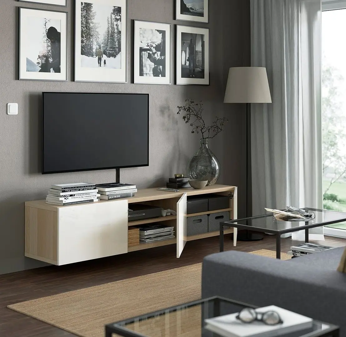 Тумба РТВ Ikea Besta/Selsviken 180x42x38 (Имитация Состаренного Дуба/Блестящий Белый) - 7