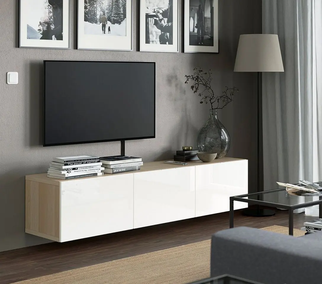 Тумба РТВ Ikea Besta/Selsviken 180x42x38 (Имитация Состаренного Дуба/Блестящий Белый)