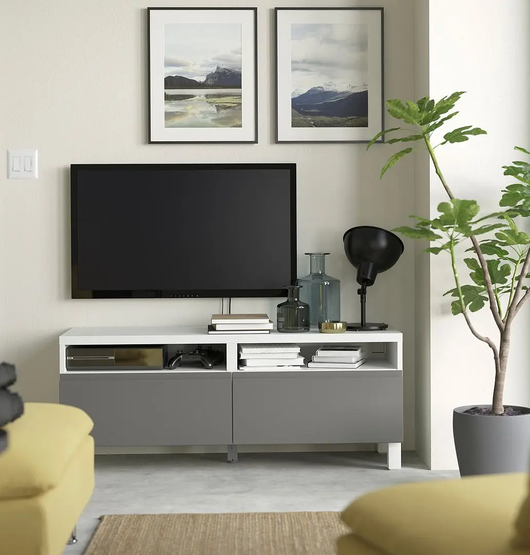 Tumba pentru TV Ikea Besta/Vasterviken/Stubbarp glisiera sertar cu sistem apasare 120x42x48 (Alb/Gri inchis)