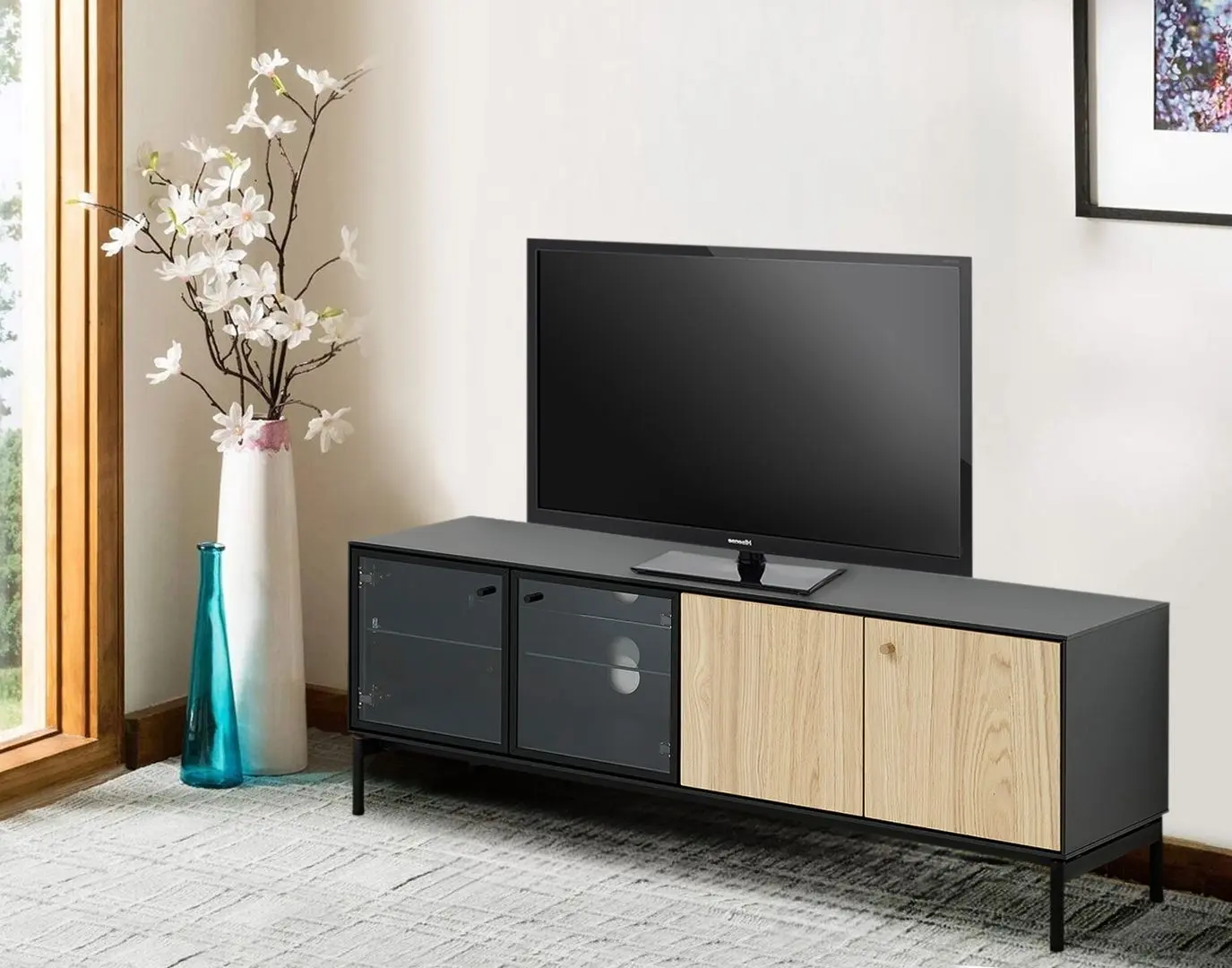 Tumba pentru TV Ikea Boastad 121x42x45 (Negru/Furnir stejar)