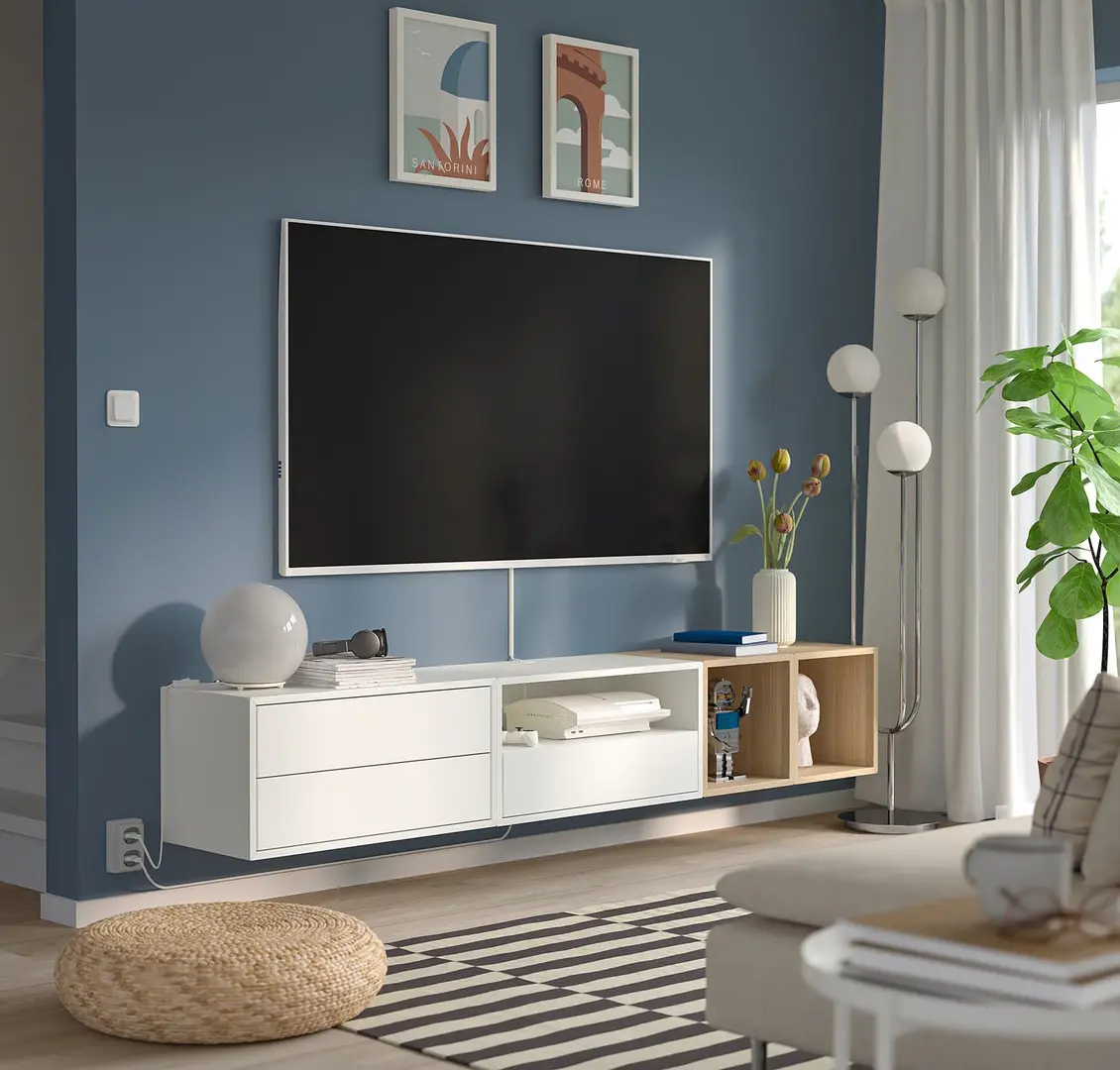Tumba pentru TV Ikea Eket sticla transparenta 210x35x35 (Alb/Stejar Vopsit Alb)