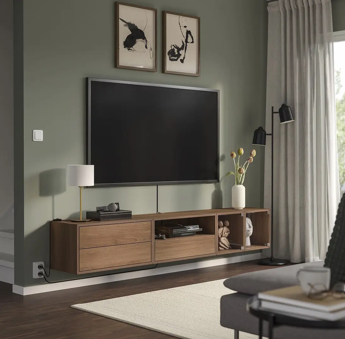 Tumba pentru TV Ikea Eket sticla transparenta 210x35x35 (Maro/Aspect Nuc)