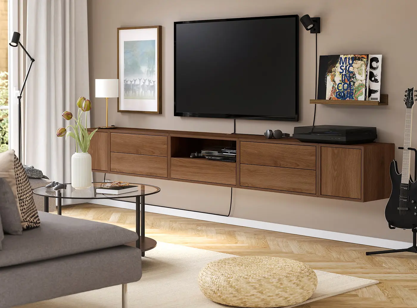 Tumba pentru TV Ikea Eket cu usi 280x35x35 (Maro/Aspect Nuc)