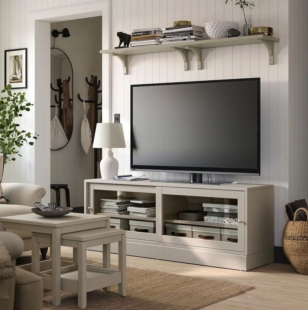 Тумба РТВ Ikea Havsta стеклянные дверцы 160x47x62 (Серо-Бежевый)