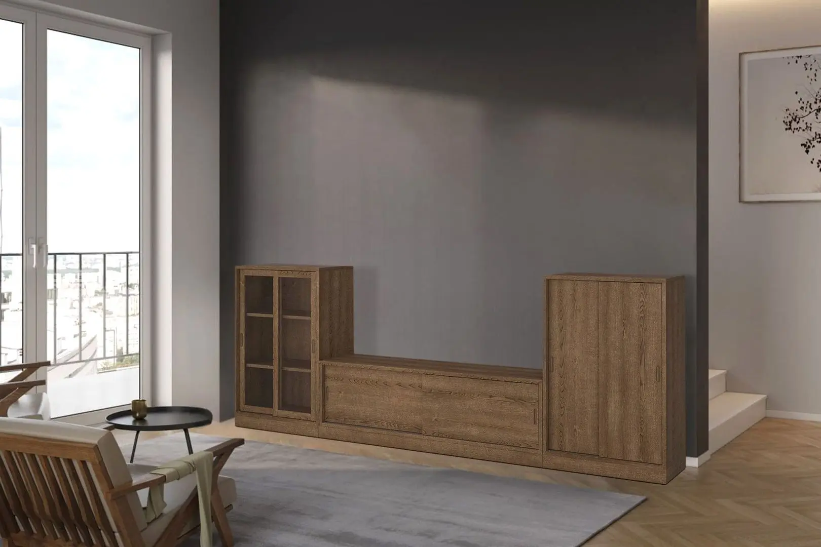 Tumba pentru TV Ikea Tonstad usi glisante/frunir/sticla transparenta 342х37х120 (Stejar Maro)