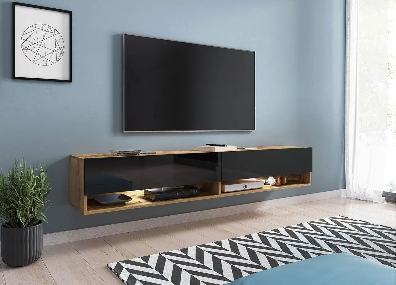 Tumba pentru TV Mirjan24 Adenik/Cabinet A cu iluminare LED 180 (Black Gloss/Wotan Oak) - 5