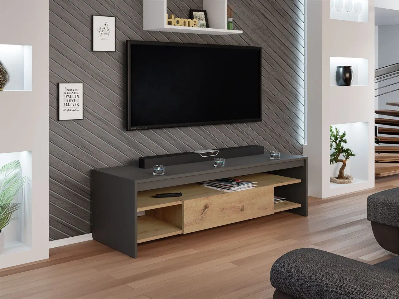 Тумба РТВ Mirjan24 Alagato/Tijon (Anthracite/Artisan Oak) - 2