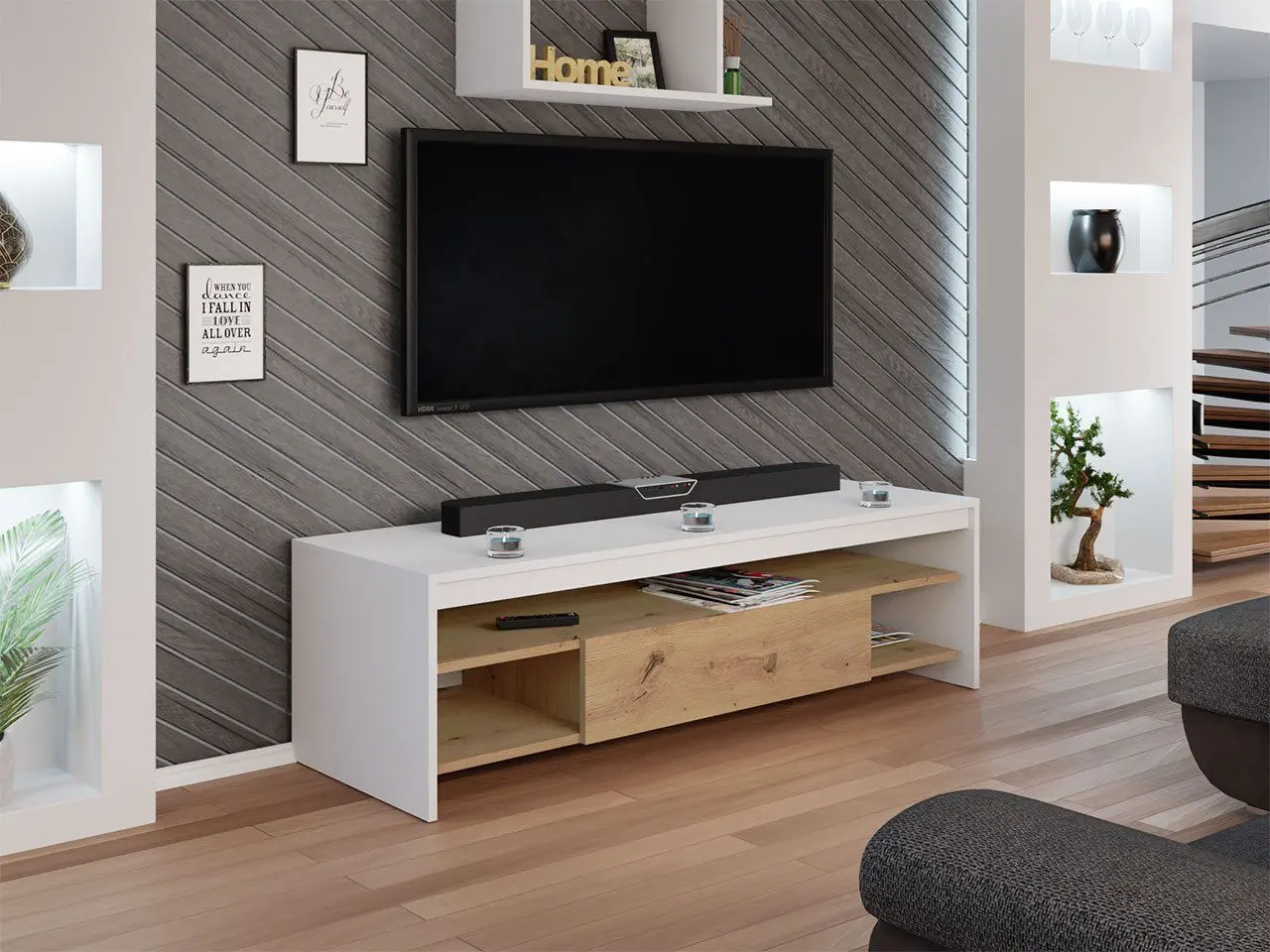 Тумба РТВ Mirjan24 Alagato/Tijon (White/Artisan Oak) - 2