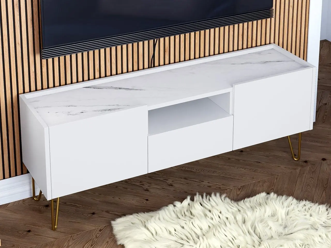 Tumba pentru TV Mirjan24 Animere ARTV144/Narine 144 (White/White Marble) - 2