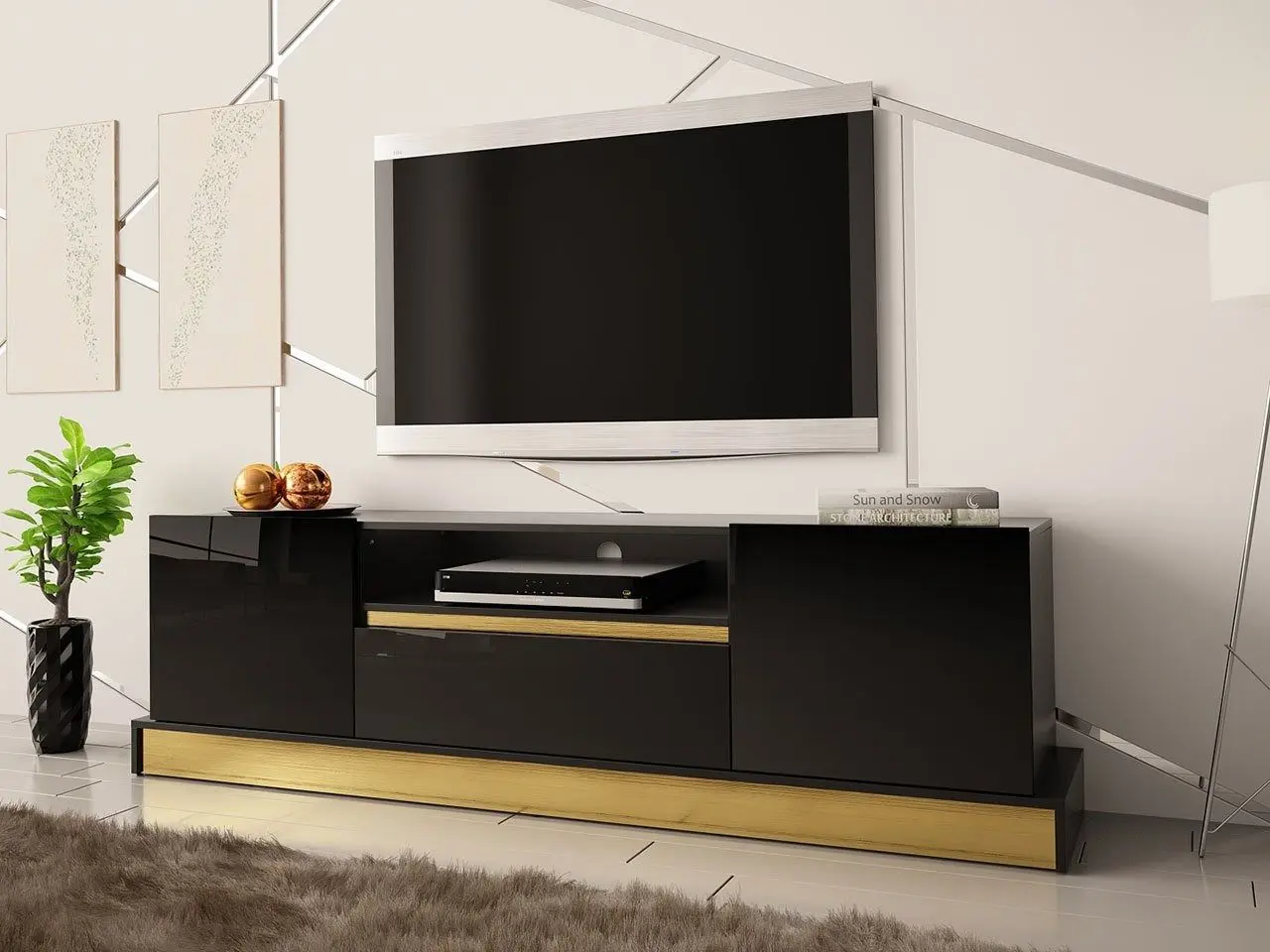 Тумба РТВ Mirjan24 Bariput 03/Mercado (Black Gloss/Black/Gold) - 4