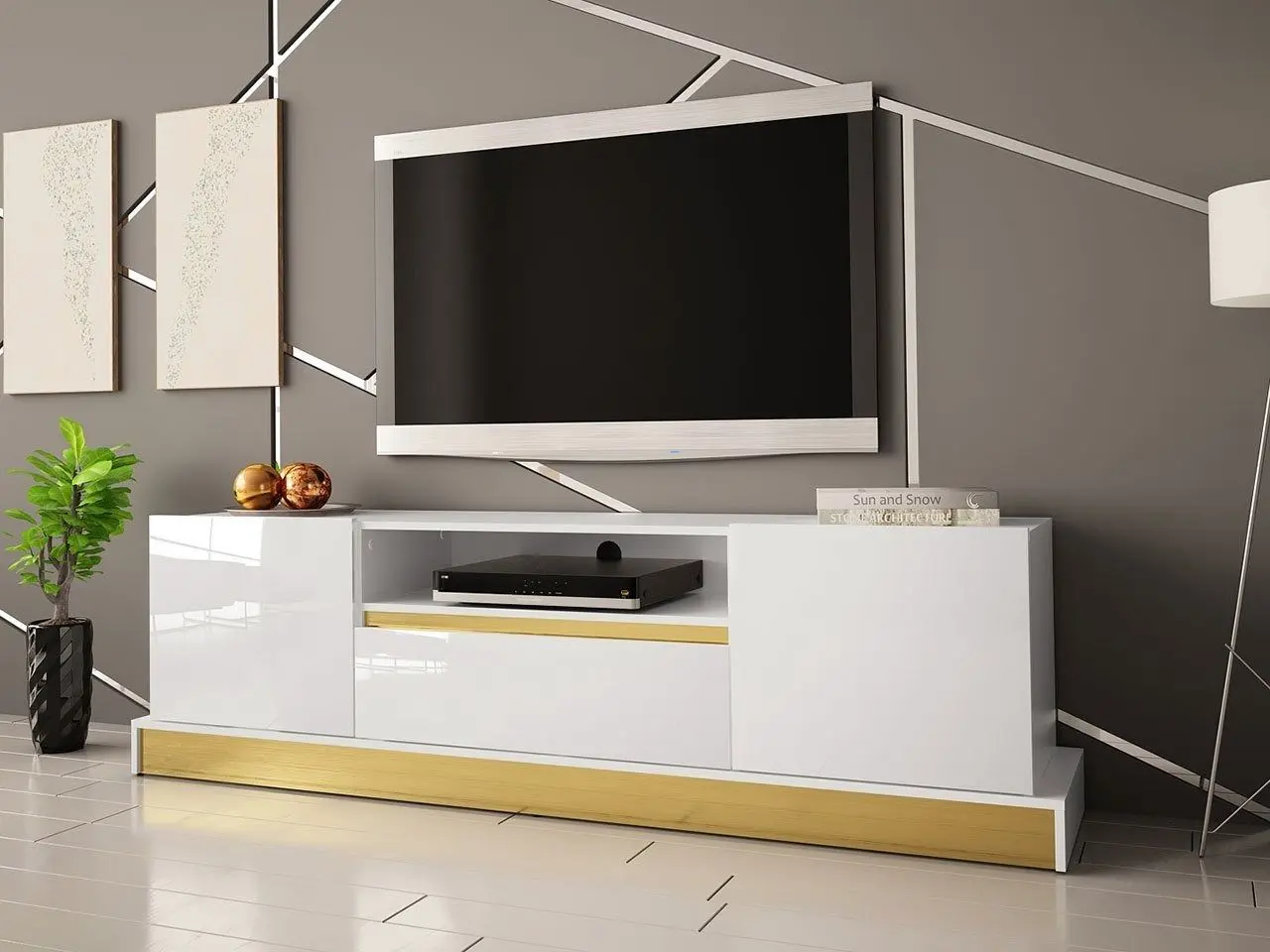 Тумба РТВ Mirjan24 Bariput 03/Mercado (White Gloss/White/Gold) - 4