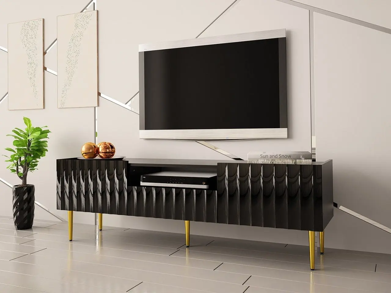 Tumba pentru TV Mirjan24 Brimono/Arcos 160 (Black/Black Gloss) - 4