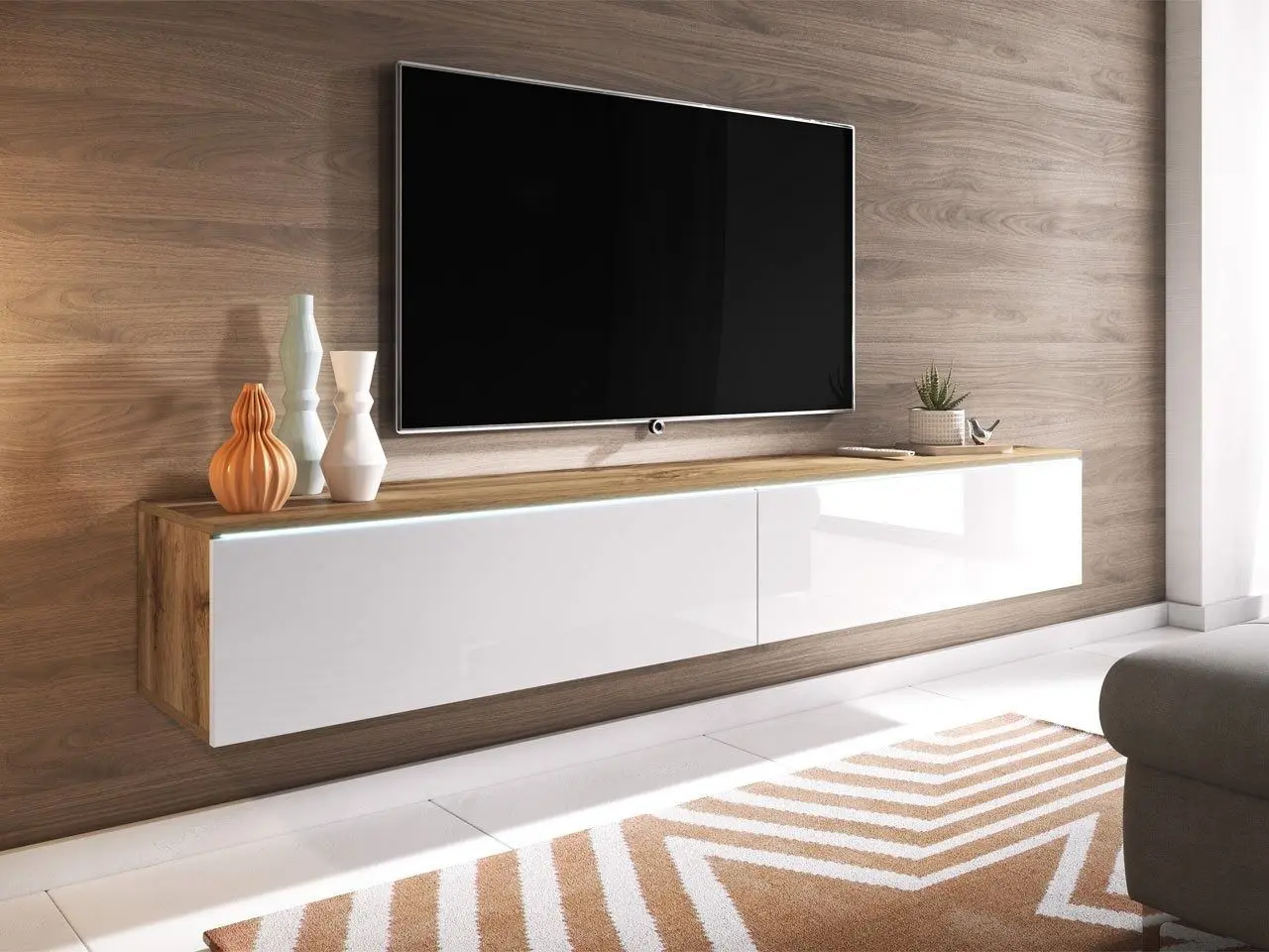 Тумба РТВ Mirjan24 Dlone/Cabinet D c LED подсветкой 180 (White Gloss/Wotan Oak) - 5