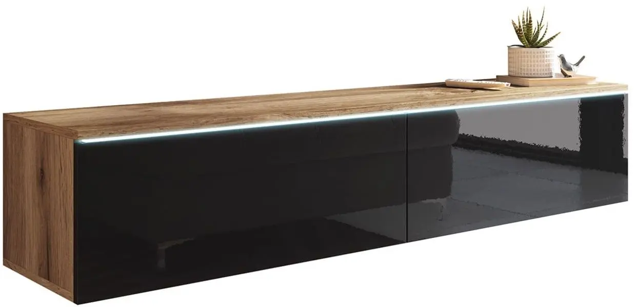 Tumba pentru TV Mirjan24 Dlone/D 140 cu iluminare LED (Black Gloss/Wotan Oak) - 4