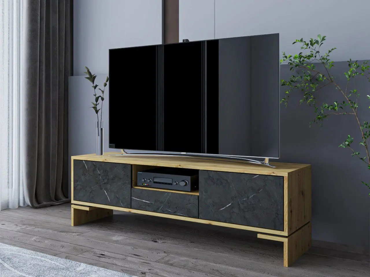 Тумба РТВ Mirjan24 Donazzi/Poreti (Artisan Oak/Gray Stone) - 2