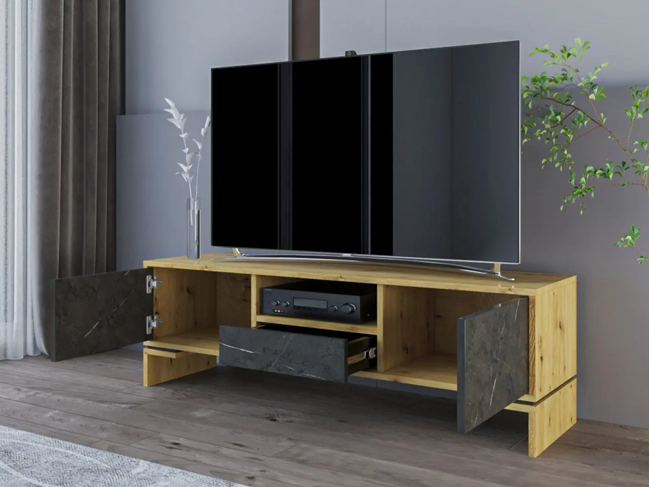 Тумба РТВ Mirjan24 Donazzi/Poreti (Artisan Oak/Gray Stone) - 3