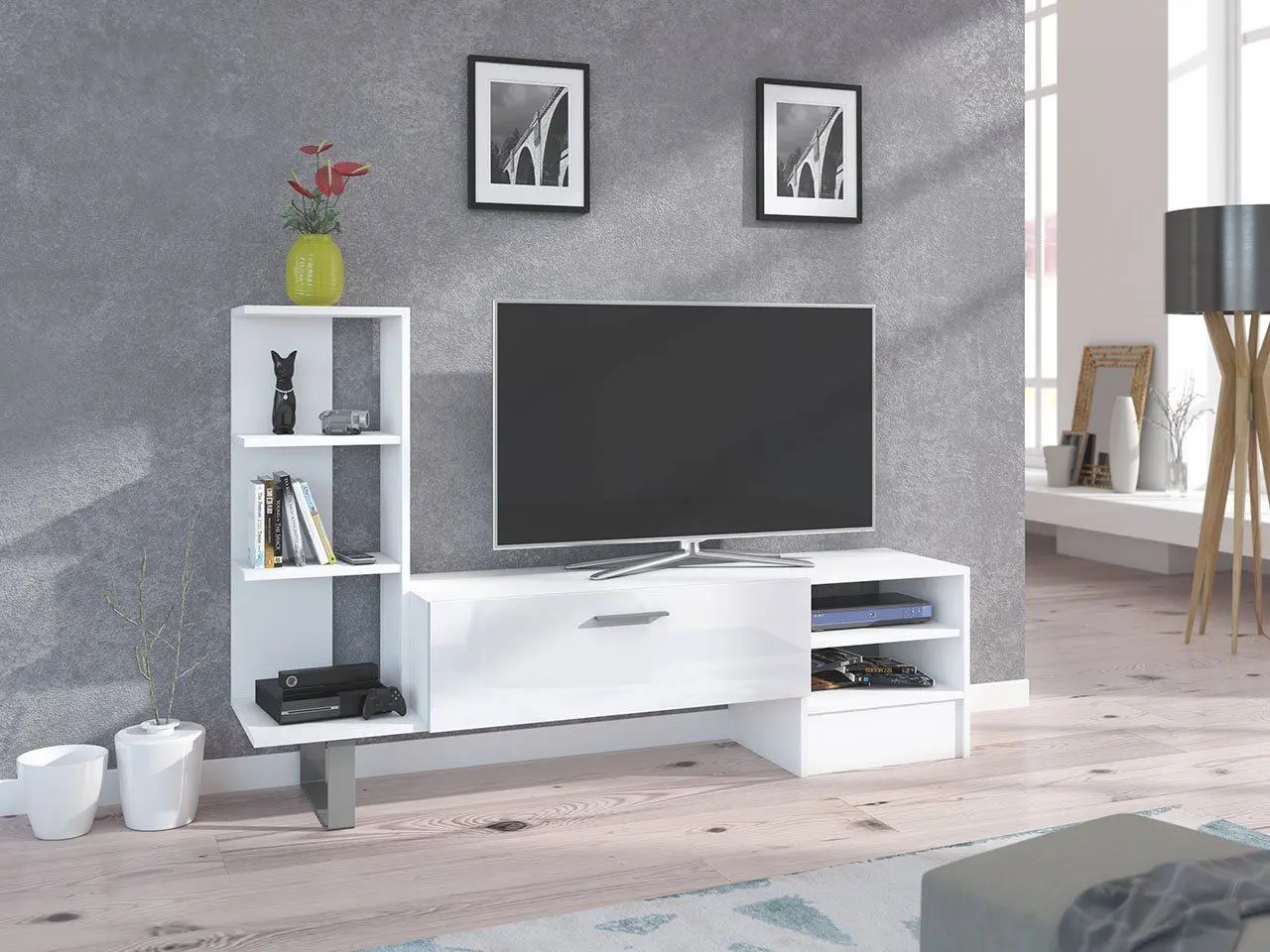 Тумба РТВ Mirjan24 Silasio/York (White/White Gloss) - 4