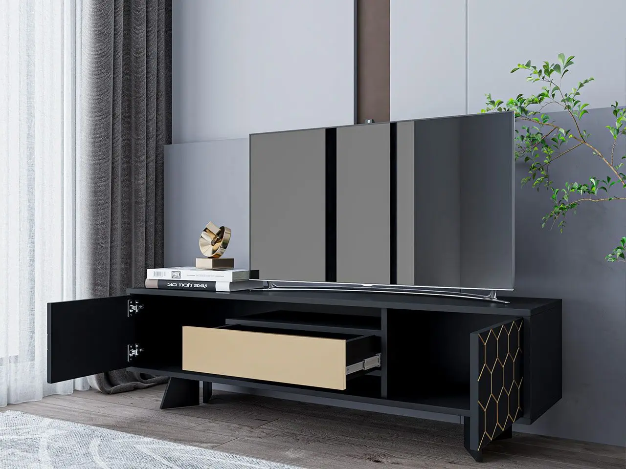 Tumba pentru TV Mirjan24 Tozzani/Olonir (Black/Gold) - 3