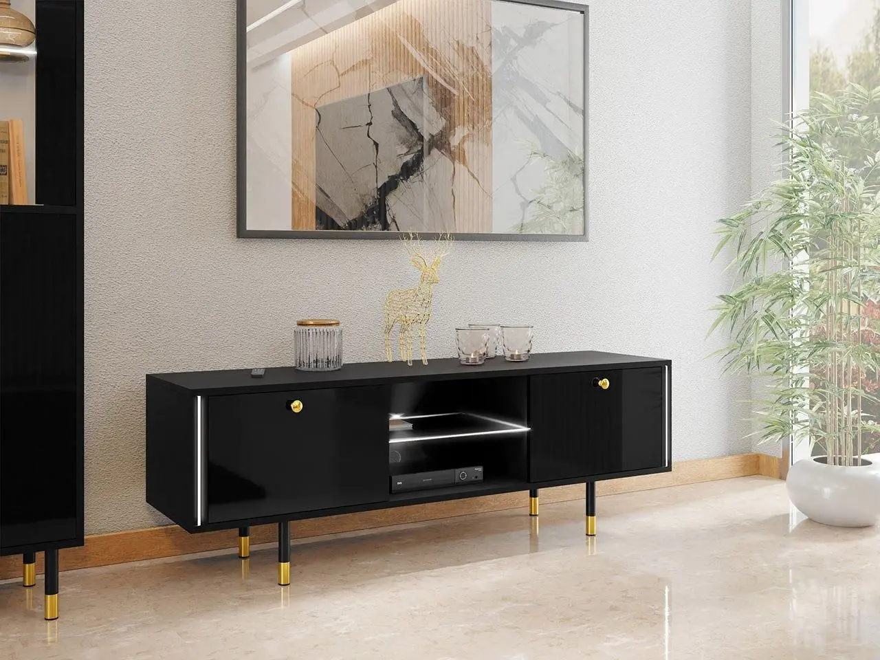 Тумба РТВ Mirjan24 Wiastan/Cristal 01 160 c LED подсветкой (Black/Black Gloss) - 4