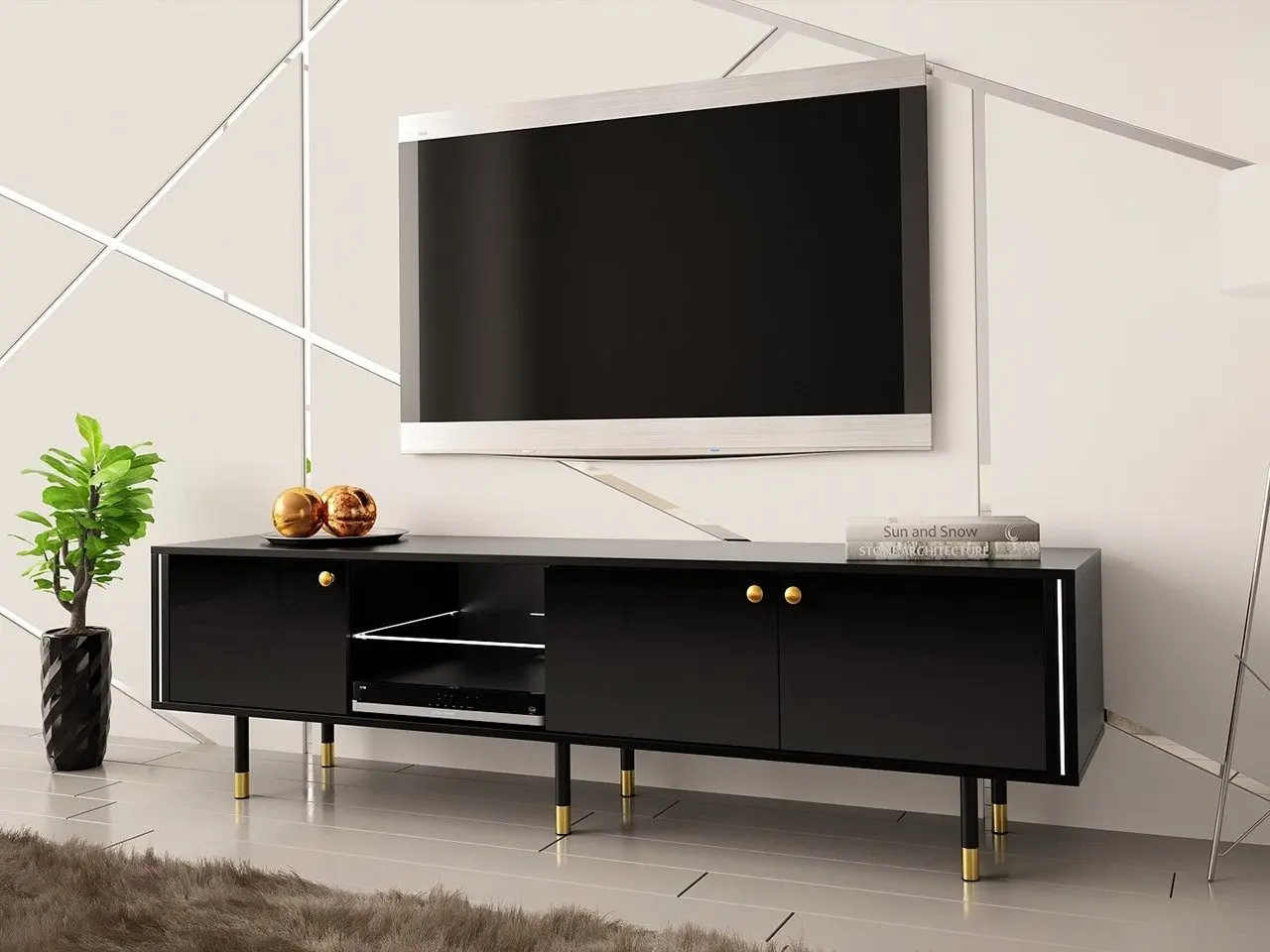 Тумба РТВ Mirjan24 Wiastan/Cristal 03 180 c LED подсветкой (Black/Black Gloss) - 6