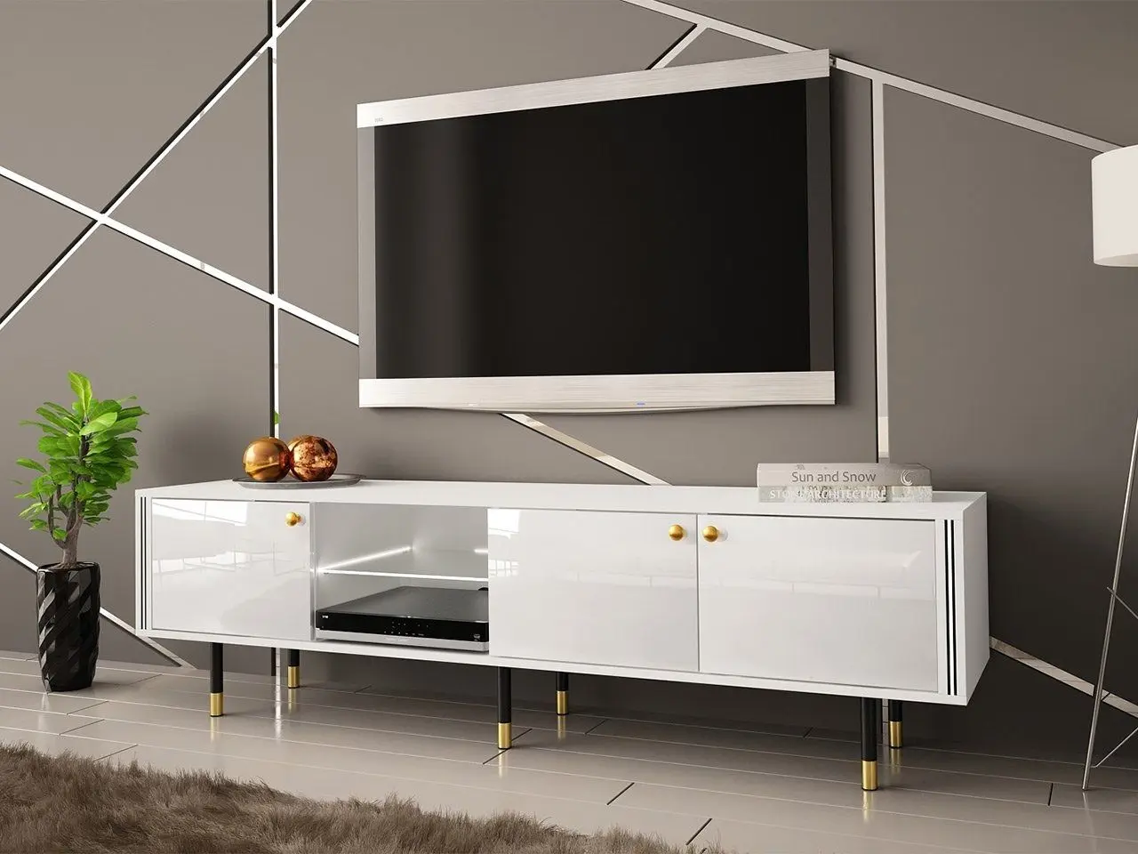 Тумба РТВ Mirjan24 Wiastan/Cristal 03 180 c LED подсветкой (White/White Gloss) - 4