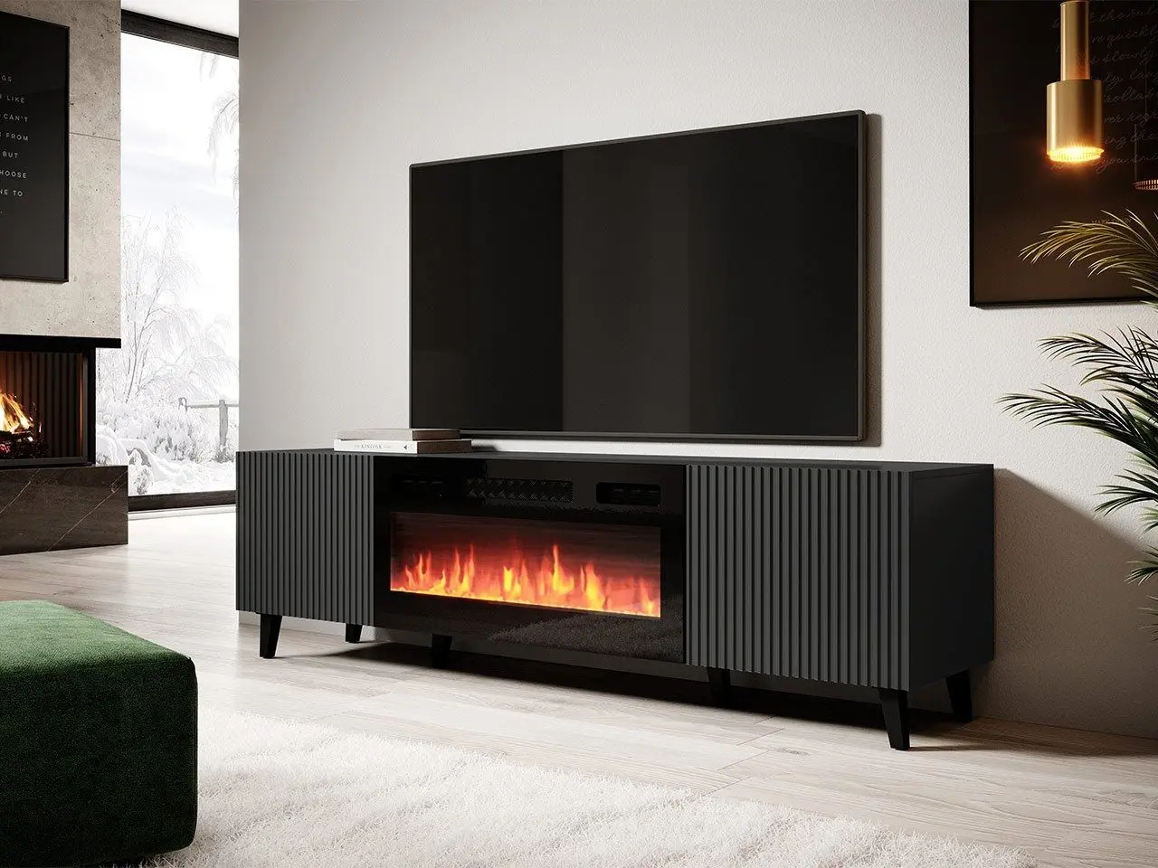 Tumba pentru TV cu biosemineu Mirjan24 Tilderi Grey 180/Vamos (Anthracite) - 7