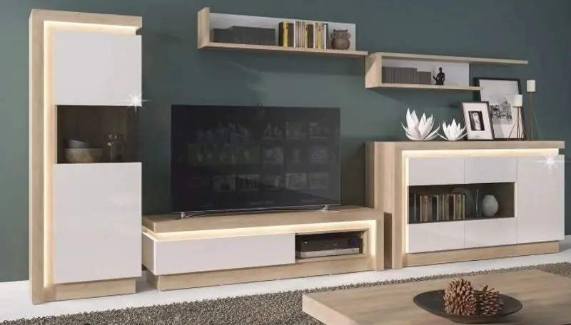 Tumba pentru TV Tempo Kondela Leonardo 02 (Riviera Oak/White Extra High Gloss)