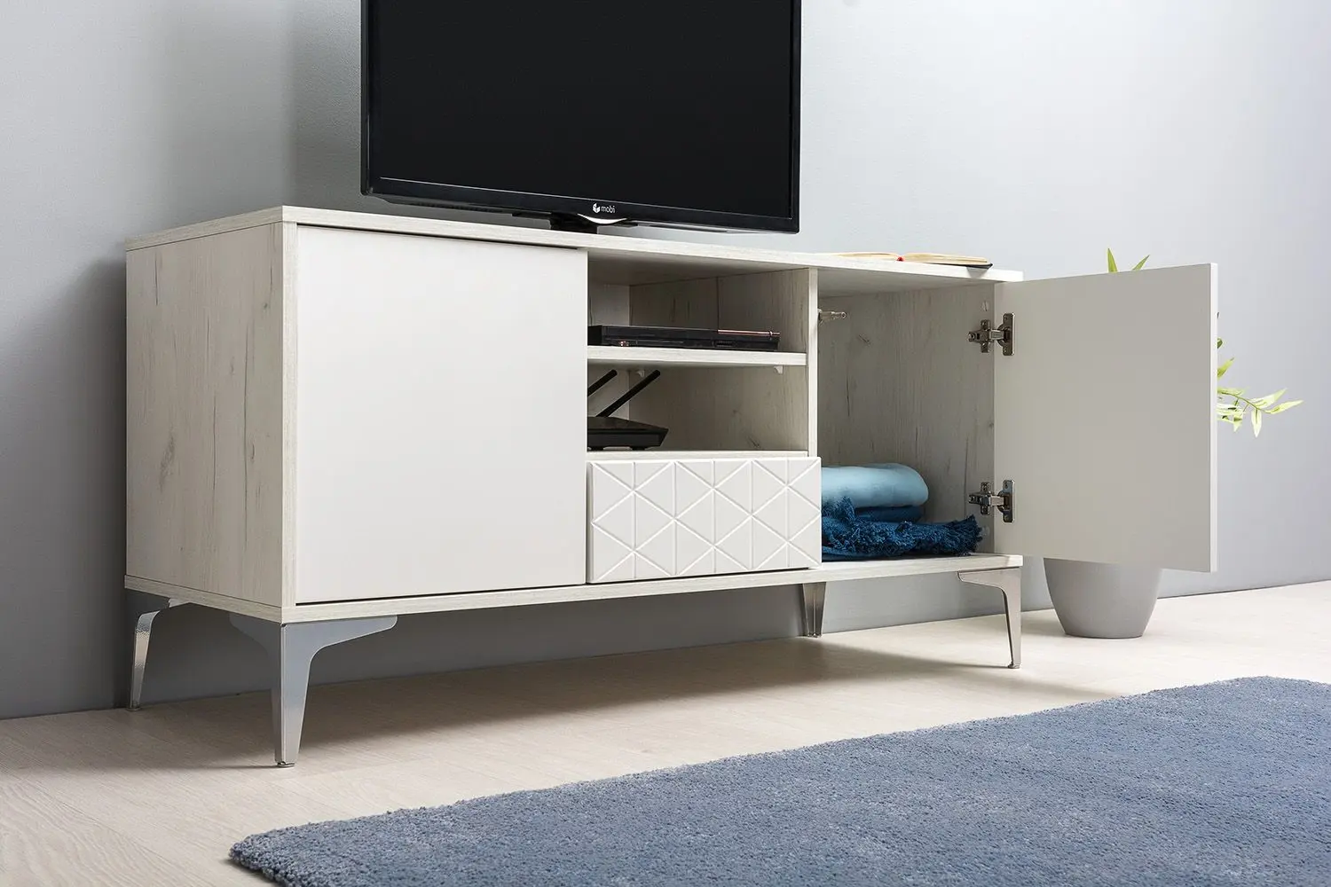 Тумба РТВ Mobi Марципан 13.265 (Дуб Крафт Белый/Шагрень Платина) - 4